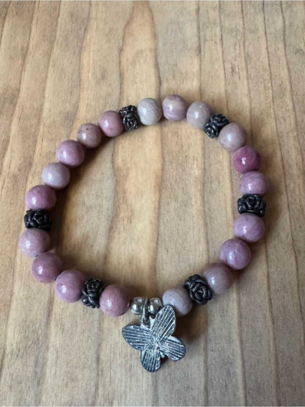 Devotion Rhodonite Gemstone Bracelet with Butterfly Charm | Evolve Mala